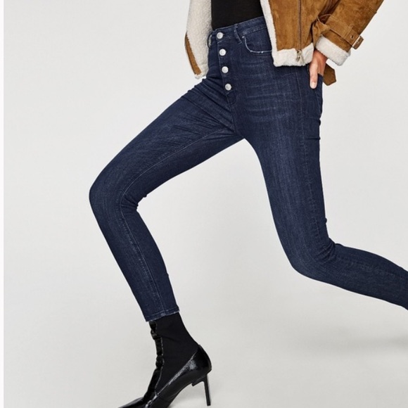 Zara Dark Wash High-Waisted Button-Fly Skinny Jeans Size 4 - Picture 2 of 13